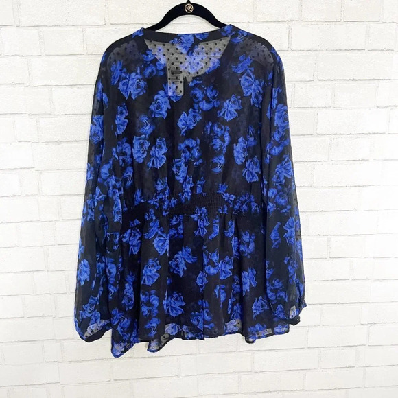 Torrid Sheer Blue Floral Clip Dot Long Sleeve Blouse Women's Plus Size 4X NEW - Picture 2 of 6